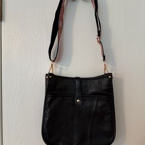 Black Textured Leather Crossbody Bag with Gold Hardware